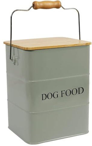 Geyecete Metal Dog Food Container-6L-Airtight Wooden Food and Treat Boxes-Coated Carbon Steel-Dog Food Tray with Handle-Green