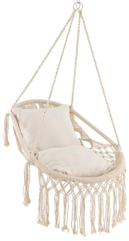 COSTWAY Hängesessel mit 2 Kissen, Hängestuhl bis 150 kg belastbar, Hängeschaukel für Indoor & Outdoor, Hängesitz für Erwachsene & Kinder, Beige