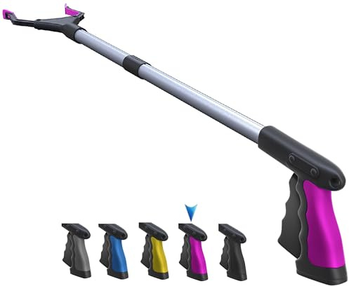FitPlus 2025 Upgrade PowerGrip T9, Grabber Reacher Tool, Wide Jaw, Foldable, Steel Cable, with 96 Grip Points for Firm Grip, 32 with Magnet (Pink, 32 Inch)