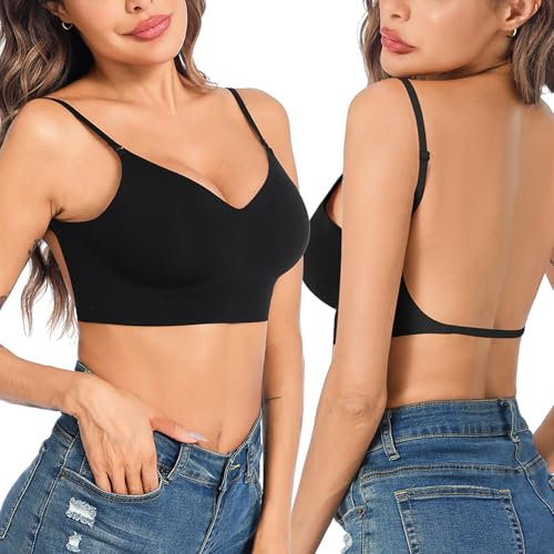 Crewhpo Reggiseni a Schiena Bassa Senza Cuciture Reggiseno Push Up Donna Invisibile Reggiseno Donna Senza Ferretto Comodo Reggiseni Convertibili Nero-S