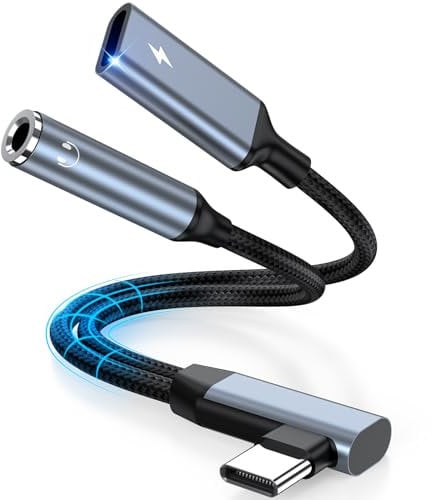 2 in 1 USB C to 3.5mm Jack Headphone Charger Adapter Right Angle, USB Type-C to Aux Audio Charger Adapter Splitter PD 60W Fast Charging Dongle Adapter for iPhone 15 Series/Samsung S24 S23 S22 S21/iPad