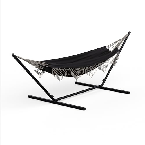 blumfeldt SwayStation Hängematte – Outdoor & Indoor Hängematte, 100 kg Tragfähigkeit, Wetterbeständig Mit Rostfreien Haken, Komfortable Polyester/Baumwolle, Boho Design, Dunkelgrau