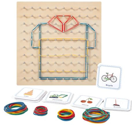 Geo Boards, Elastic Board, Educational Geoboard Toy - Wooden Mathematical Geographic Chart, Educational Graphics Toys with 50 Patterned Cards and 80 Elastic Bands