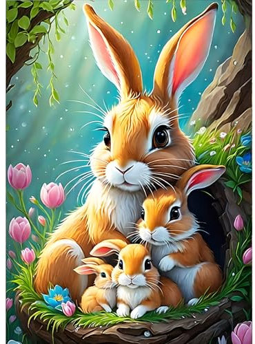 GDYEEH 5D Kaninchen Diamant Painting Pictures, DIY Blumen Diamant Art Painting Kits, Mütterliche Liebe Diamond Painting Set for Adults Anfänger, Mosaic Making, Diamond Painting for Home Decor 30x40cm