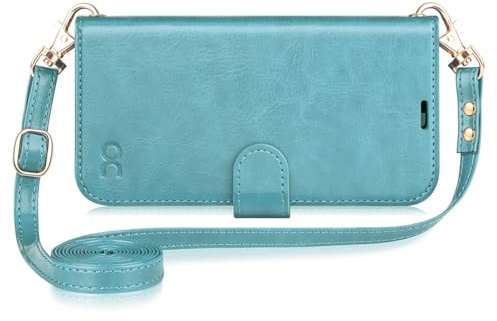 OCASE for iPhone 16 Plus Case with Strap, PU Leather Wallet, Ice Blue | Adjustable and Detachable Crossbody Lanyard Cover with RFID Blocking, Card Holders, Kickstand, Shockproof Flip Phone Case
