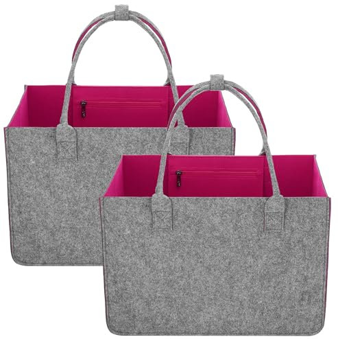 Huiguli 2 Pcs Large Felt Storage Bag, XXL Felt Shopping Bag with Compartments, 30L Felt Bag Shopper, Foldable Firewood Bag for Toys Shopper Books Clothes Newspapers Laundry, 40x27x27cm