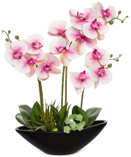 Oairse 18 Pink Orchid Artificial Flowers with Black Boat Pot for Table | Real Touch Large Faux Phalaenopsis Flowers Silk Flower for Home Office Room Living Room Coffee Centerpiece Decoration