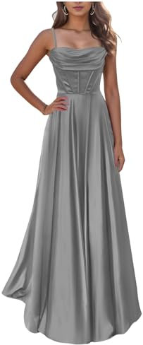 KURFACE Robe de bal en satin pour adolescentes, col bénitier et bretelles spaghetti, longue robe de bal formelle pour femmes, gris, 34