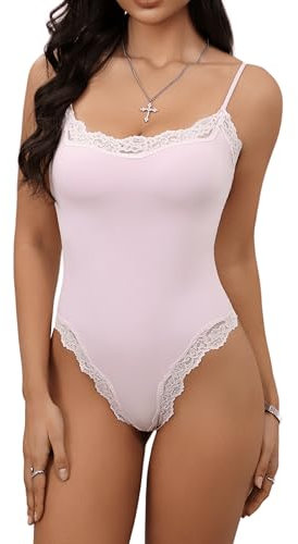 Starrylion Body en dentelle à col carré pour femme sans manches avec bretelles spaghetti - Combinaison sexy, rose, X-Small