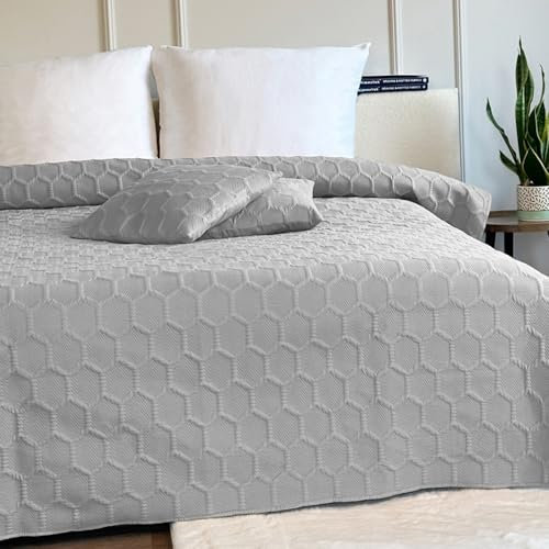 Euromat Tagesdecke Steppdecke Bettüberwurf Gesteppte Zweiseitig Tagesdecke mit 2 Kissenbezüge 40x40 cm- (Hellgrau- Parla 3D, 220x240 cm)