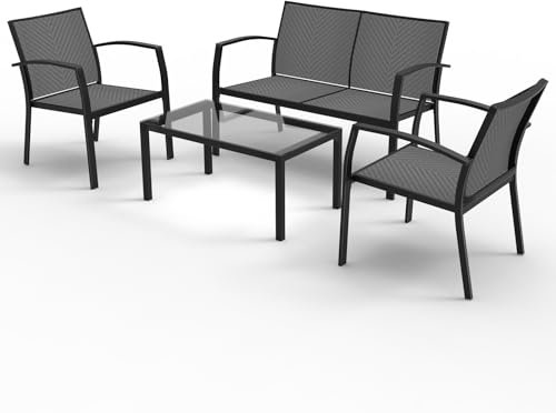 RANSENERS 4-Teilig Premium Gartenmöbelset mit Metallrahmen und Polyrattan Sitzfläche für Garten Terrasse und Balkon (Grau)