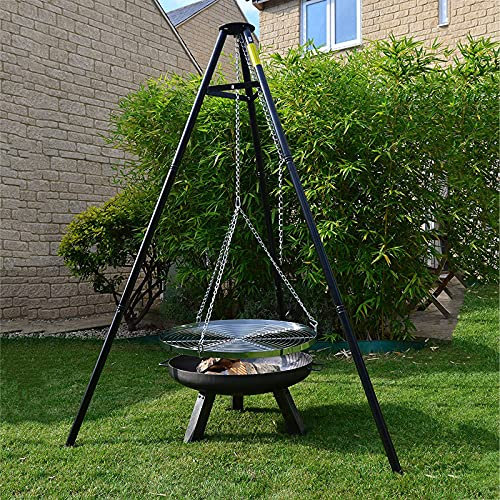 Tragbare Camping-Feuerstelle mit höhenverstellbarem hängendem Stativ, Edelstahl-Grillnetz und Holzkohlegrill, hoher Garten-Terrassenheizer für Lagerfeuer, Kochtopfgestell