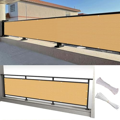 Copri Ringhiera Balcone 100 x 400 cm Frangivento Balcone Privacy e Ombra Garantita, Telo Ringhiera Frangivisto con Fascette e Funi, per Balcone/Terrazza, Giallo sabbia