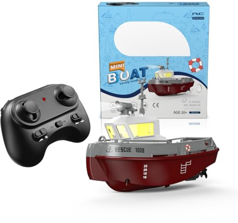 TENIREALX Bateau électrique RC avec lumières, 5 km/h, échelle 1/144, 2,4 GHz, étanche, remorqueur électrique à grande vitesse, modèle de yacht télécommandé, pour lac, piscine, rivières, eaux – RTR