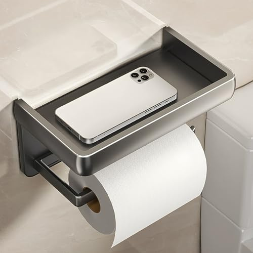 Toilettenpapierhalter ohne Bohren Wc Halter mit Ablage Klopapierhalter Klorollenhalter Toilet Paper Holder Papierhalter für Badzimmer Toiletten Selbstklebend Oder Bohren (Grau)
