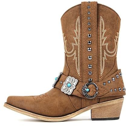 Only maker Cowgirl Western Boots for Women-Ankle High Embroidery Pointed Toe Cowboy Rodeo Country Concert Shoes Boot Brown US8