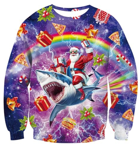 AIDEAONE Weihnachtspullover für Herren Damen Ugly Weihnachts Sweatshirts Funny Hai Weihnachtsmann Druck Pullover Sweatshirt XXL