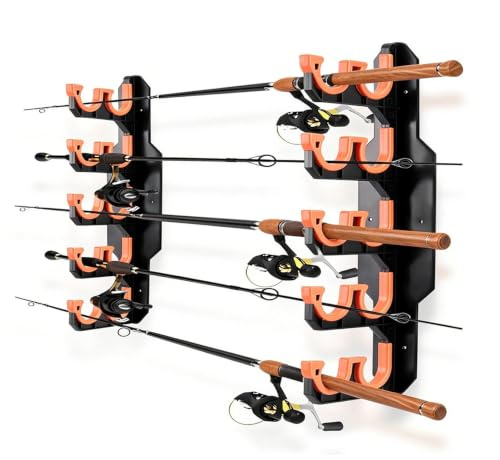 Fishing Rod Holders and Stand, Wall Ceiling Mount Organiser for 10 Rods and Combos with Silicone Protection,Space Saving Garage Organisation and Boat Fishing Gear Storage Solution for Home, Shed