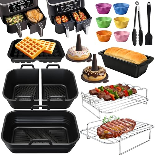 HLEIUKT Heißluftfritteuse Zubehör, Airfryer Zubehör für Ninja Foodi Max Dual Zone Heißluftfritteuse AF400EU AF451EU AF300EU 7.6L-9.5L, Faltbar Silikonform für Ninja heißluftfritteuse