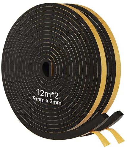 Dshunnc 2 rotoli da 12 m, nastro adesivo in schiuma di colore nero, autoadesivo, 9 mm x 3 mm, guarnizione in schiuma autoadesiva, per porte di casa e finestre