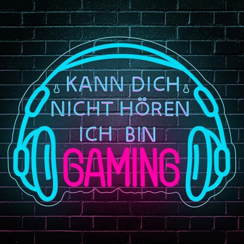 Kann Dich Nicht Hören Ich Bin Gaming Neon Schild,Helles Dimmbares Gaming LED Schild Headset Gamerlicht,Game Neon Schild für Gaming Deko Zimmer,Spielzone Schild,Jungen Schlafzimmer Gaming Zubehör Deko