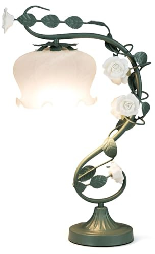 TANGZON Flower Table Lamp, Bedside Vintage Reading Light with Glass Lily of The Valley Lampshade, 6 Ceramic Roses & Metal Leaves, E27 Nightstand Lamp for Bedroom Living Room Office Home Decoration