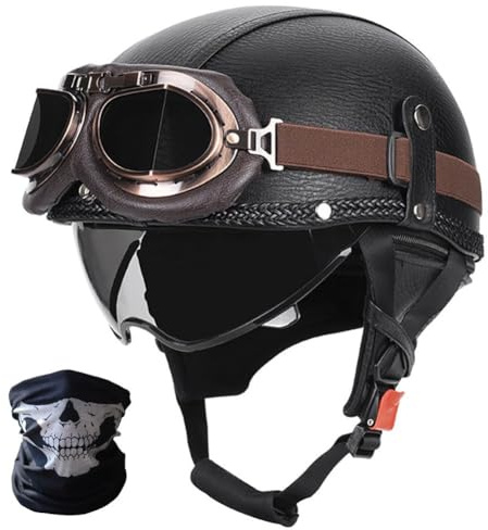 SYEBVTQ Vintage Motorrad Halbhelm Halbschalenhelm ECE Zertifizierung Retro Jethelm Motorradhelm Chopper Helm Mit Brille Rollerhelm für Bike Cruiser Moped Scooter Helm