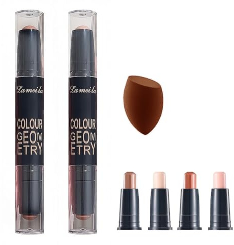 ARYIMYDP Doppelseitiger Contouring Stick 4 Hauttöne, Doppelter Bronzer & Highlighter Makeup Kit mit Mini Beauty Schwamm, Ideal für Langlebige Deckkraft, Muttertag Valentinstag Reise Make-up