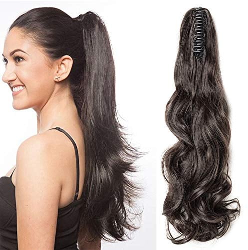 18(45cm) Coleta Postiza con Pinza Pelo Sintético Se Ve Natural Extensiones de Cabello Clip Cola Rizada Ondulada Ponytail Extension (140g,Castaño Oscuro)