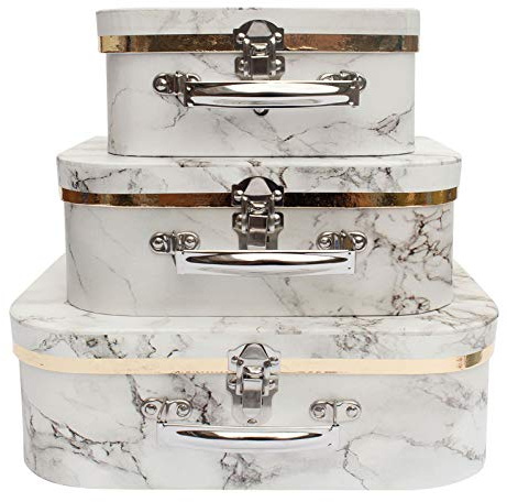 Emartbuy White Marble Storage Suitcase Boxes Set of 3 – Prebuilt Cardboard Style with Metal Handle & Clasp – Modern Organizer for Gifts, Hampers & Décor – 30.2×21.9×9.5/25×18.8×8.8/20.2×16×8.2 cm