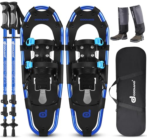 Odoland Ciaspole da Neve 4 in 1 con Alzatacco per Uomo Donna Gioventù, Racchette da Neve Set per Tutti i Terreni con Bastoncini Trekking, Ghette Gambe Impermeabile e Borsa Portatile, Blu, L