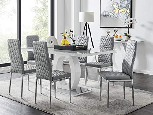 Furniturebox UK Dining Set - Giovani Dining Table and Milan Chairs (Set of 6, Contemporary High Gloss and Glass Table with Modern Grey Chairs)