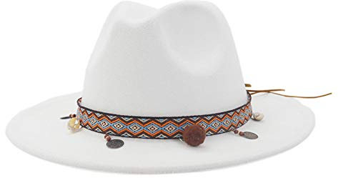 Gossifan Filzhut mit breiter Krempe und Fransen - Weiß - Einheitsgröße