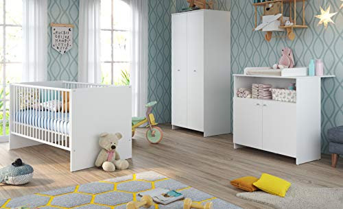 Baby- Kinderzimmer Niko komplett Set 3-teilig in weiß Babymöbel mit Wickelkommode, Kleiderschrank und Babybett