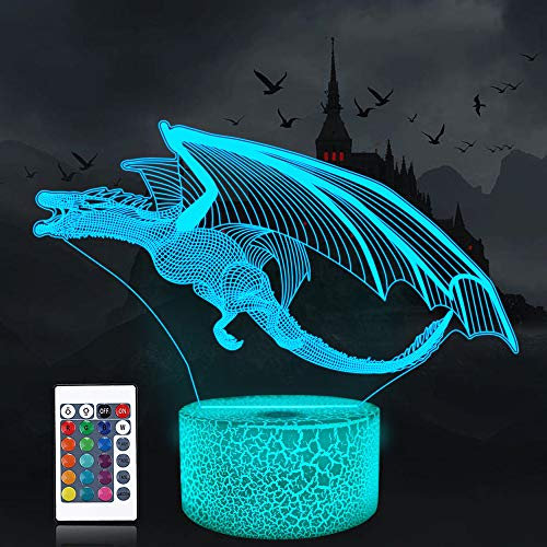 CooPark 3D Drachen lampe, 3D Illusions Nachtlicht, 16 Farben, die mit Fernbedienung wechseln, Kinderzimmerdekoration als Weihnachtsfeiertags-Geburtstagsgeschenk für Jungen, Mädchen, Babys…