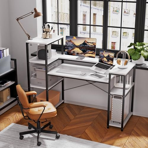 Escritorio blanco para ordenador, mesa de estudio de escritura de 153 cm con estantes y soporte para CPU, fácil de montar y ahorrar espacio para trabajo en casa, oficina, escrituramesa de juegos,