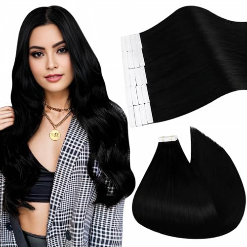 Ugeat Invisible Tape Extensions Echthaar Schwarz 35cm Skin Weft Echthaar Extensions Tape Schwarz #1 Haarextensions 20 Stück 40 G für Mädchen