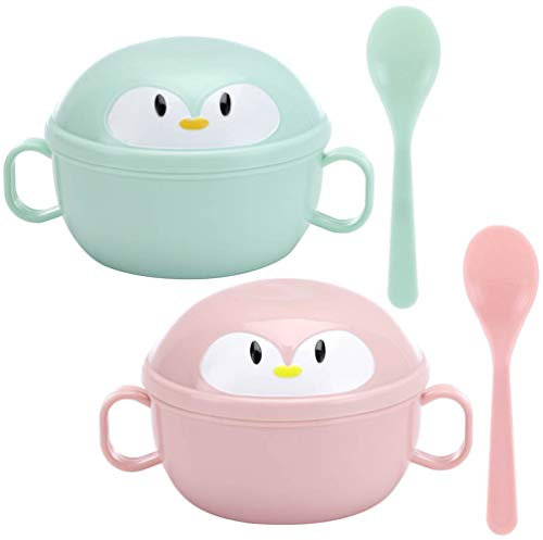 Tomaibaby 2 Sets Bowls with Stainless Steel Bowl Penguin Food Container Soup Dinnerware with Handles for Infant Kids