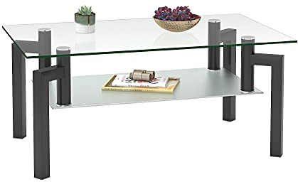 IANIYA Table basse rectangulaire en verre avec pieds en métal trempé pour salon Noir