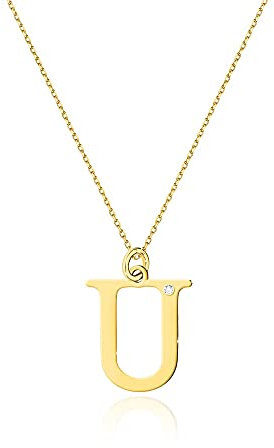 Goldene Damen Halskette 585 14k Gold Gelbgold Kette mit Anhänger Buchstabe U natürlicher echt Diamanten Brillanten Gravur