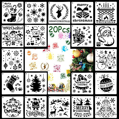 GIEAAO 20 Stück Weihnachtsschablonen-Wiederverwendbare für Kunst, Malen Sprühen, Fenster, WeihnachtenDIY Dekoration,Weihnachtsmann, Weihnachtsbaum, Schneeflocken, Glühbirnen, Rentiere, 15 x 15cm