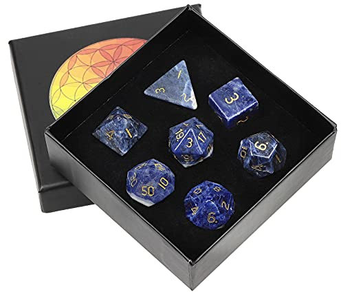 KYEYGWO Sodalith Kristall Polyedrische Würfel Set, 7pcs Reiki Heilung Stein Polyedrischer Spielwürfel für Dungeons und Dragons RPG DND Dice Tischkartenspiele Brettspielwürfel
