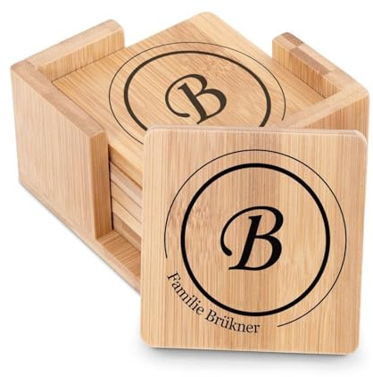 Maverton 6er Untersetzer Set mit Aufdruck, aus Bambus, Naturfarbe | Personalisiert, mit Halter, Geschenke für Paare, Hochzeitsgeschenke, Geschenkidee für Duos