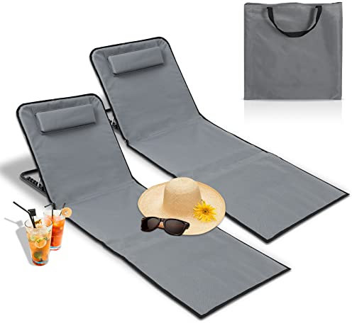 Jiubiaz 2× Faltbare Strandmatte Strandstuhl mit Rückenlehne - Strandliege mit Lehne Liegematte - 5-stufige Höhe Verstellbare Rückenlehne - Gray