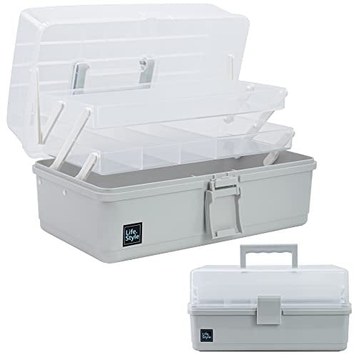 Creahaus Caja de almacenamiento multiusos de 3 capas de 13 pulgadas, caja de almacenamiento para manualidades con compartimentos, caja de herramientas de plástico, caja de almacenamiento de