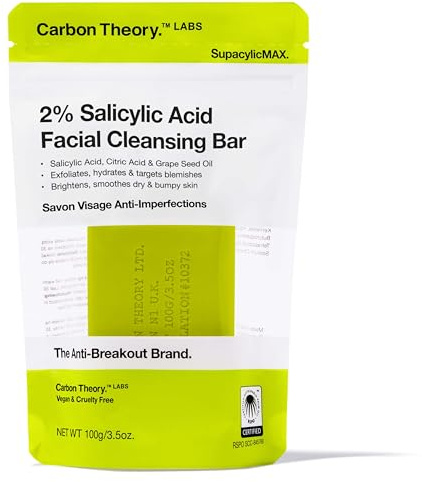 Carbon Theory SupacylicMax Face Cleansing Bar 100g | Salicylic Acid and Grape Seed Oil Soap Bar that Gently Cleanses, Hydrates and Helps Reduce Breakouts on Problem Skin.