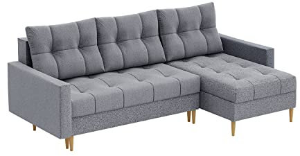 MEBLINI Schlafcouch mit Bettkasten - Kleines Ecksofa mit Schlaffunktion - Sofa mit Relaxfunktion und Kissen - Kleine Couch L-Form - Eckcouch - SCANDO - 220x140x75cm - Grau Stoff