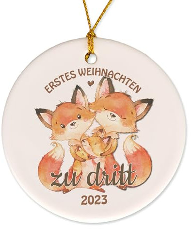FEENSTAUB Personalisierte Christbaumkugel, erstes Weihnachten zu dritt als Familie mit Baby, Weihnachtskugel personalisiert, erstes Weihnachtsfest mit neuem Baby, Fuchs