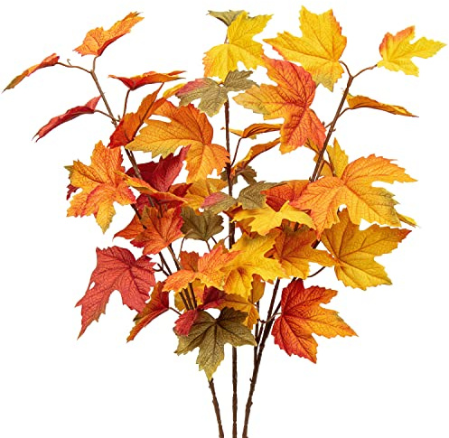 3 Stück Künstliche Dekozweige Herbst, Künstliche Pflanzen Ahornblätter, Zweige Herbstlaub Kunstpflanzen Ahornblätter für Herbst Deko Thanksgiving Halloween Erntedankfest Küche Dekor Tischdeko #1