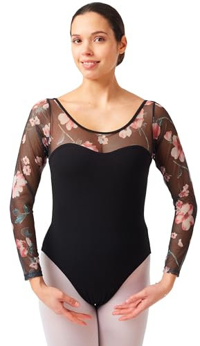 tanzmuster Ballett Trikot Damen Langarm - Dora - Baumwolle - BH-Pad-Einschub - Netzärmel geblümt - schwarz 40 - schwarzer Tanz Body - Ballettkleidung für Erwachsene